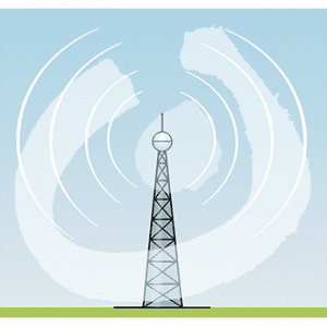 Ein Sendemast mit ausgehenden Wellen.