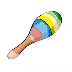 Eine bunte Rassel aus Holz.