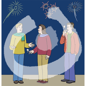 Zwei rauchende Personen stehen vor einer anderen Person. Am Himmel ist Feuerwerk.