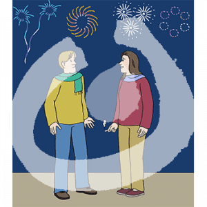 Eine rauchende Person steht vor einer anderen Person. Am Himmel ist Feuerwerk.