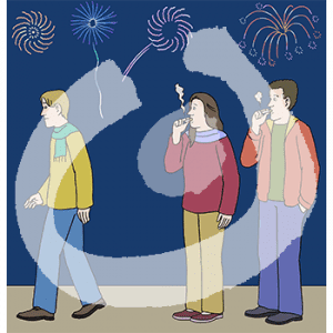 Zwei rauchende Personen gucken einer weggehenden Person hinterher. Am Himmel ist Feuerwerk.