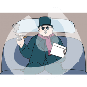 Ein Mann in Zylinder und Anzug sitzt Zigarre rauchend in einem Auto.