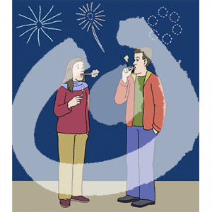 Zwei rauchende Personen stehen sich gegenüber. Am Himmel ist Feuerwerk.