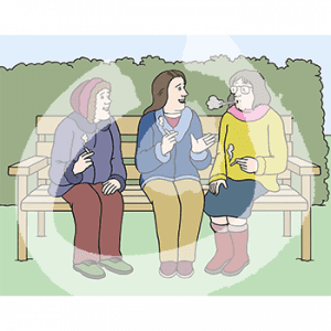 Drei rauchende Personen sitzen auf einer Parkbank.