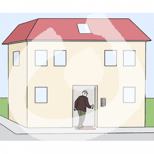 Eine Person geht durch eine Tür in ein Haus.