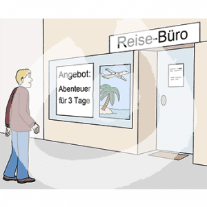 Eine Person steht vor einem Gebäude mit der Aufschrift: Reisebüro. Im Fenster hängt ein Angebotsplakat.