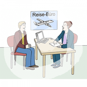 Eine Person sitzt an einem Schreibtisch und zeigt auf ein Blatt. Davor sitzt eine andere Person. Im Hintergrund hängt ein Plakat mit einem Flugzeug und der Aufschrift: Reisebüro.