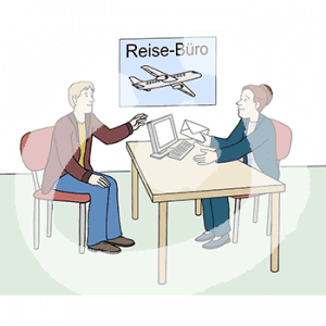 Eine Person sitzt an einem Schreibtisch und hat einen Umschlag in der Hand. Davor sitzt eine andere Person. Im Hintergrund hängt ein Plakat mit einem Flugzeug und der Aufschrift: Reisebüro.