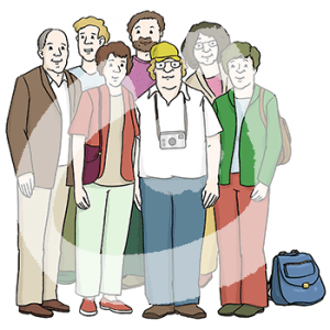 Sechs Personen stehen zusammen. Manche tragen Taschen und Rücksäcke, eine hat eine Kamera um den Hals.