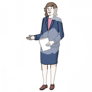 Eine Person hält einen Zettel in der Hand und hat einen Arm halb erhoben.