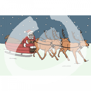 Eine Person im Weihnachtsmannuniform sitzt auf einem Schlitten. Er wird von drei Rentieren gezogen.