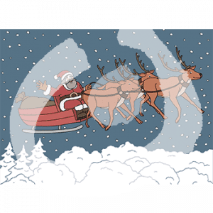 Eine winkende Person im Weihnachtsmannuniform sitzt auf einem Schlitten. Er wird von drei Rentieren gezogen. Sie fliegen in der Luft.