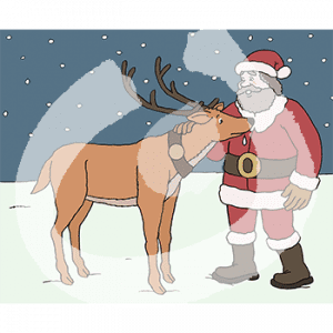 Eine Person im Weihnachtsmannuniform streichelt ein Rentier.