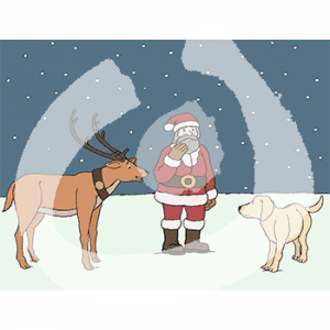 Eine nachdenkliche Person im Weihnachtsmannuniform. Sie steht zwischen einem Rentier und einem Hund.