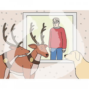 Zwei Rentiere und ein Hund stehen vor einem Fenster im Schnee. Hinter dem Fenster steht ein trauriger, junger Mann.