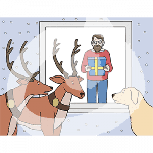 Zwei Rentiere und ein Hund stehen vor einem Fenster im Schnee. Hinter dem Fenster steht ein trauriger mittelalter Mann.