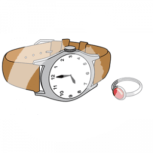 Eine Armbanduhr mit Zahlen auf dem Ziffernblatt. Daneben ein Ring mit rotem Stein.