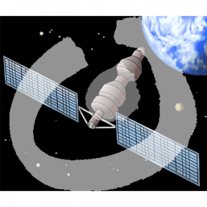 Ein Satellit im Weltall. Im Hintergrund Sterne, die Erde und ein Planet.