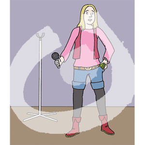 Eine Frau mit Mikrofon steht neben einem Mikrofonständer auf einer Bühne. In einer Hosentasche hat sie Geldscheine.