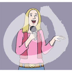 Eine Frau mit Mikrofon in Portraitansicht.