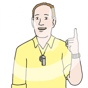 Portraitansicht einer Person mit Trillerpfeife um den Hals. Sie hebt einen Finger.