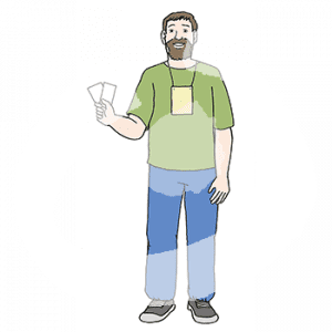 Eine Person mit Karte um den Hals und zwei Zetteln in der Hand.