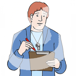 Portraitansicht einer Person mit Trillerpfeife um den Hals. Sie hat ein Klemmbrett und einen Stift in der Hand.