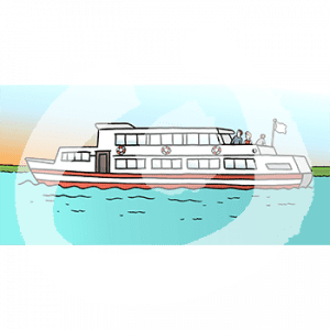 Ein großes Schiff auf dem Wasser. Drei Personen stehen auf dem Deck.