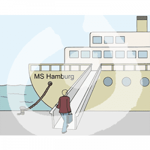 Eine Person mit Koffer in der Hand geht die Reling eines Schiffes hoch.