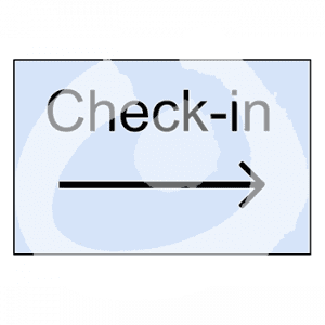 Ein Schild mit der Aufschrift: Check-in und einem Pfeil.