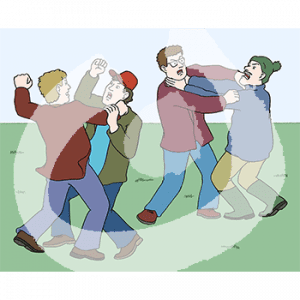 Vier Personen auf einer Wiese. Zwei halten sich mit erhobenen Fäusten fest. Zwei würgen sich gegenseitig.