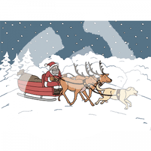 Eine Person im Weihnachtsmannuniform sitzt auf einem Schlitten. Er wird von zwei Rentieren und einem Hund gezogen. Sie fliegen in der Luft.