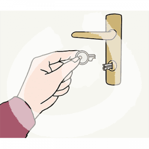 Eine Hand mit einer Hälfte eines abgebrochenen Schlüssels vor einem Schloss mit der anderen Hälfte des abgebrochenen Schlüssels.