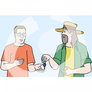 Zwei Personen in Portraitansicht stehen nebeneinander. Eine Person legt einen Schlüssel in die Hand der anderen Person.