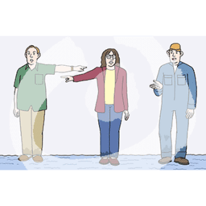 Zwei Personen stehen nebeneinander und zeigen auf die andere Person. Daneben steht eine Person mit halb erhobenem Arm.