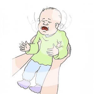 Zwei Arme schütteln ein weinendes Baby in der Luft.