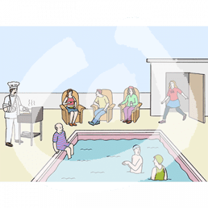 Drei Personen sitzen in Sesseln um ein Schwimmbecken herum. Darin sind drei Personen, eine sitzt am Beckenrand. Durch eine Tür kommt eine weitere Person. Eine achte Person in Kochjacke, Kochmütze und Gips Arm steht an einem Grill.