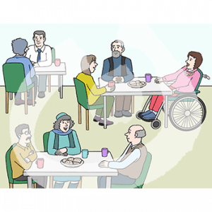 Acht ältere Personen sitzen mit Bechern und Gebäck verteilt an drei Tischen.