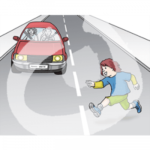 Ein Auto fährt auf einer Straße. Ein Kind rennt auf die Straße.