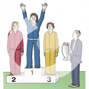 Drei fröhliche Personen mit Sportkleidung stehen auf einem Siegertreppchen. Daneben steht eine Person mit einem Pokal.