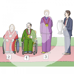 Drei fröhliche Personen mit Sportkleidung und Medaillen um den Hals sind hinter den Nummern 2, 1 und 3. Zwei Personen sitzen im Rollstuhl. Daneben steht eine Person mit einem Pokal.