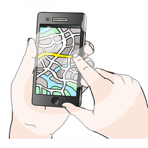 Eine Hand hält ein Smartphone. Ein Finger tippt auf den Display einer Kartenapp.