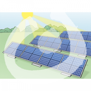Drei Reihen mit Solarpanelen auf einer Wiese. Die Sonne scheint darauf.