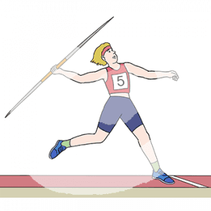 Eine Person mit Sportkleidung und einer Startnummer steht mit Speer in der Hand an einer Startlinie.