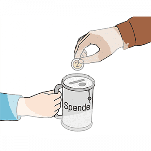 Eine Hand hält eine Dose mit der Aufschrift: Spende. Eine andere Hand hält eine Münze darüber.