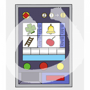 Ein Spielautomat mit Bildschirm, Knöpfen und Münzschlitz.