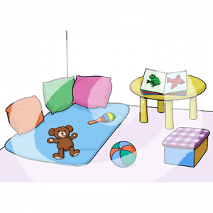 Eine Decke, Kissen und ein Kuscheltier in einer Ecke. Daneben ein Tisch, ein Hocker und Spielsachen.