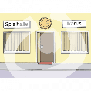 Ein Gebäude mit der Aufschrift: Spielhalle Ikarus und einer Sonne über der Tür.