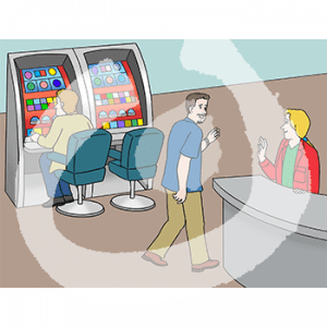 Eine Person winkt einer anderen Person an einem Tresen zu. Im Hintergrund sitzt ein Mann an einem Spielautomaten.