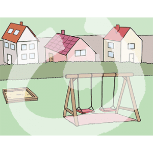 Eine Schaukel und ein Sandkasten auf einer Wiese. Im Hintergrund sind Häuser.